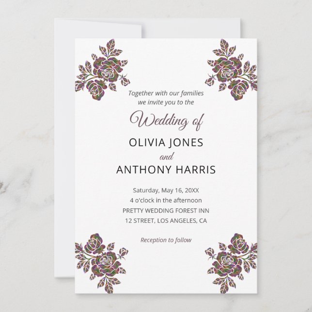 Simple Purple Roses Elegant Modern Floral Wedding  Invitation (Front)