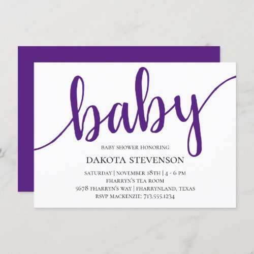 Simple Purple Script  Royal Grape Baby Shower Invitation