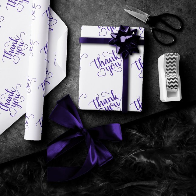 Simple Purple Script | Royal Grape Thank You Heart Wrapping Paper (Creator Uploaded)