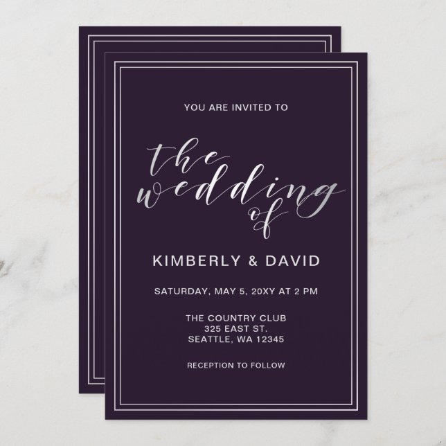 Simple Purple Silver Wedding Invitation (Front/Back)