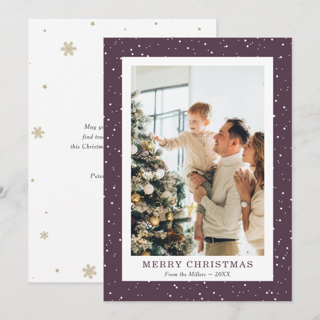Simple Purple Snow Photo Merry Christmas Cards (Front/Back)