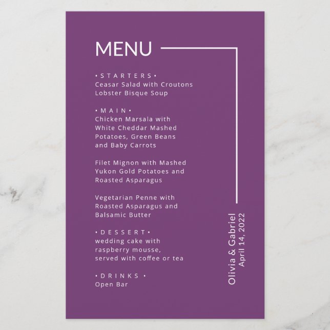 Simple Purple Typography minimalist wedding menu (Front)