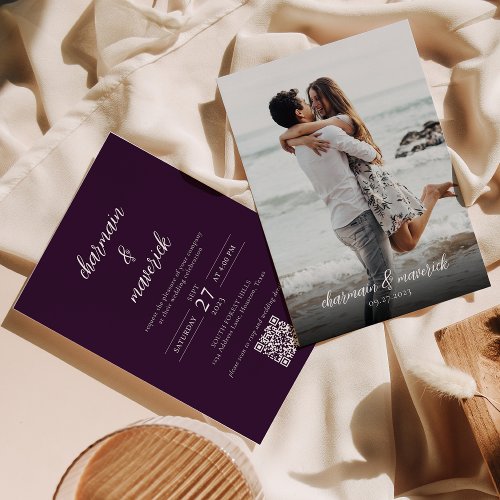 Simple Purple Violet Script Photo QR Code Wedding Invitation
