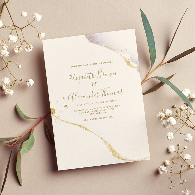 Simple purple watercolor and gold glitter wedding  invitation (Simple purple watercolor and gold glitter wedding)