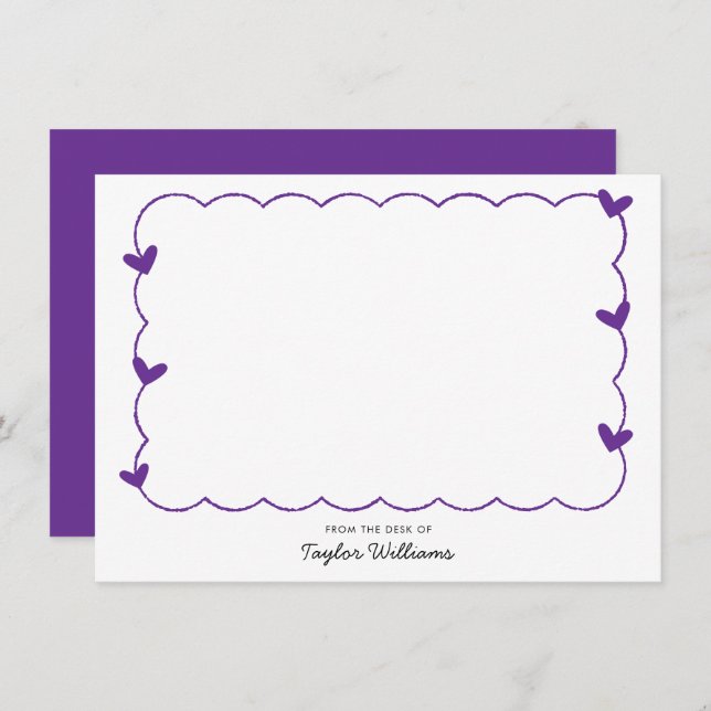 Simple Purple Wavy Border Heart Stationery Note Card (Front/Back)
