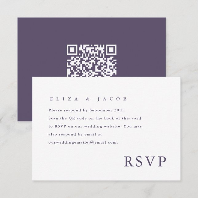 Simple Purple Wedding RSVP QR Code Card (Front/Back)