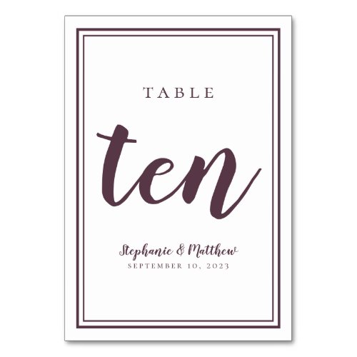 Simple Purple White Chic Wedding Table Number Ten
