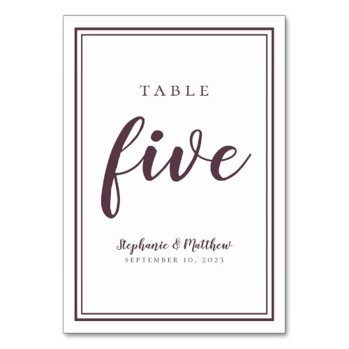 Simple Purple  White Wedding Table Number Five