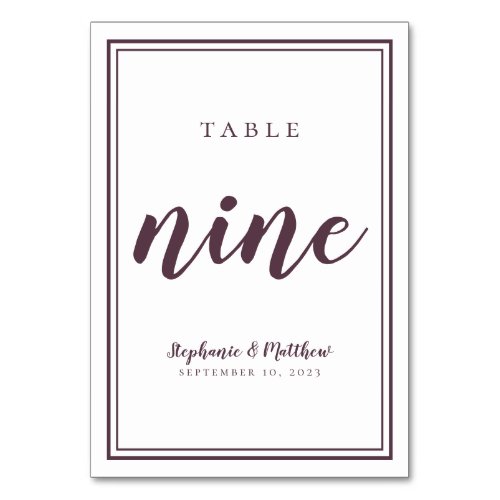 Simple Purple  White Wedding Table Number Nine