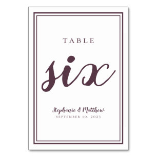 Simple Purple & White Wedding Table Number Six
