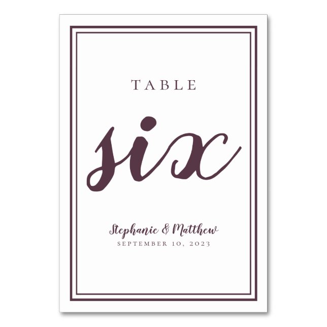 Simple Purple & White Wedding Table Number Six (Front)