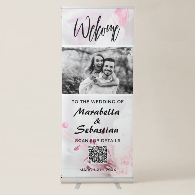 *~* Simple QR Azalea Flower Wedding Welcome Retractable Banner (Front)
