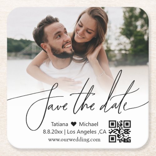 simple qr code couple photo save the date magnet square paper coaster