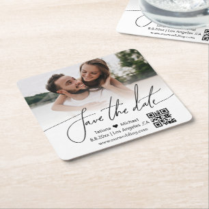 simple qr code couple photo save the date  square paper coaster
