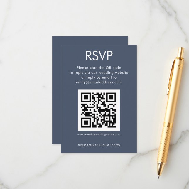 Simple QR Code Dusty Navy Blue Wedding RSVP Enclosure Card (Front/Back In Situ)