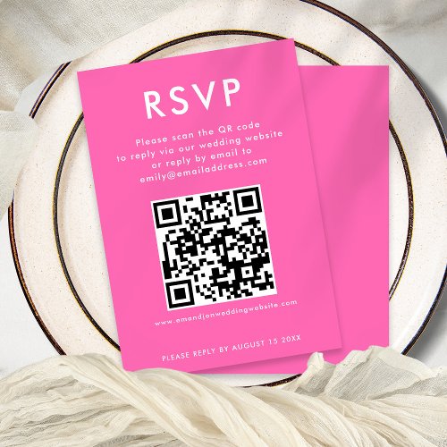 Simple QR Code Hot Pink White Wedding RSVP Card