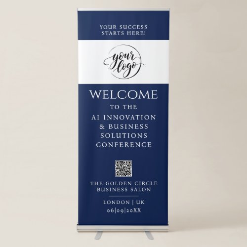 Simple QR Code Logo Navy Blue Business Welcome Retractable Banner