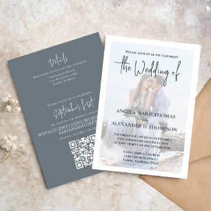 Simple QR Code RSVP Online Blue Grey Simple Photo Invitation