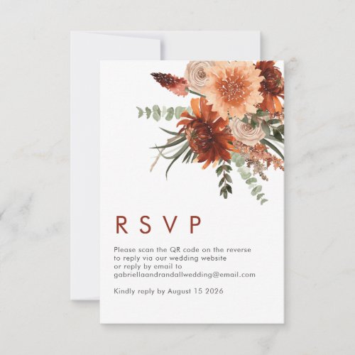 Simple QR Code Rust Terracotta Floral Wedding RSVP Card