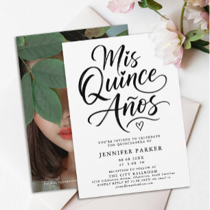 Simple Quinceanera Black White Calligraphy Photo Invitation