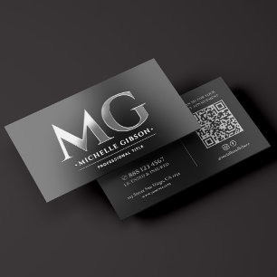 Simple Raised Black Silver Monogram Initials QR Spot UV Business Card