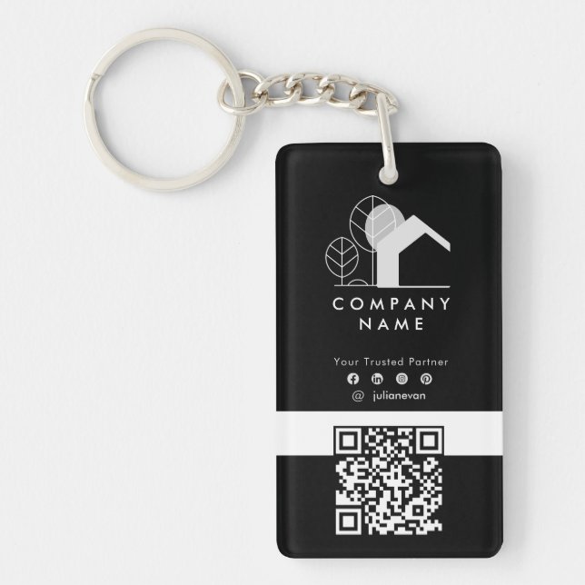 Simple Real Estate Company Black and White Qr code Keychain (Front)