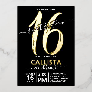 Simple Real Gold Black Sweet 16 Birthday Foil Invitation
