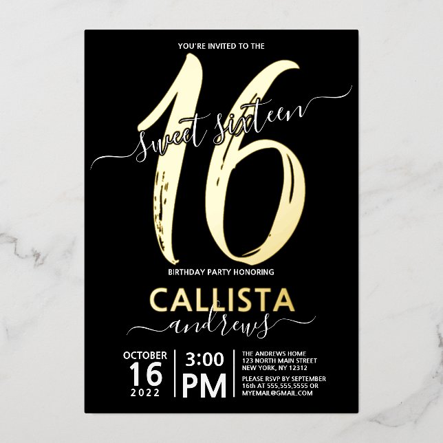 Simple Real Gold Black Sweet 16 Birthday Foil Invitation (Front)
