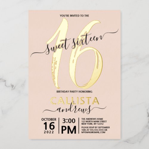 Simple Real Gold Blush Pink Sweet 16 Birthday Foil Invitation
