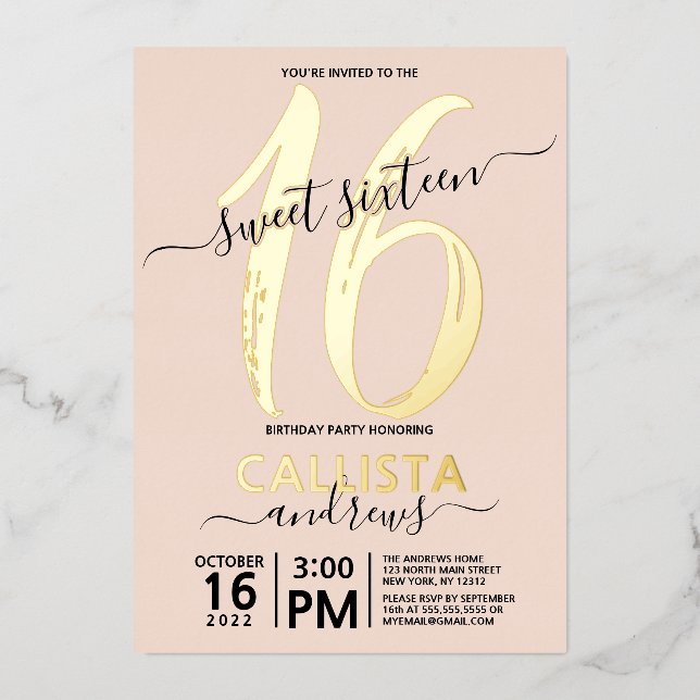 Simple Real Gold Blush Pink Sweet 16 Birthday Foil Invitation (Front)