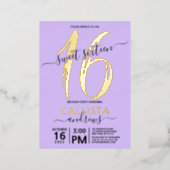 Simple Real Gold Lavender Sweet 16 Birthday Foil Invitation (Standing Front)