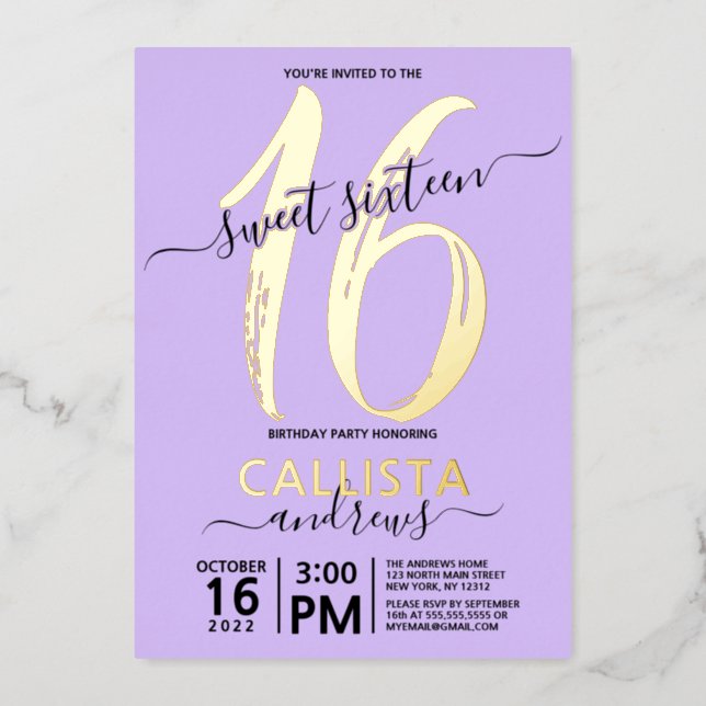 Simple Real Gold Lavender Sweet 16 Birthday Foil Invitation (Front)