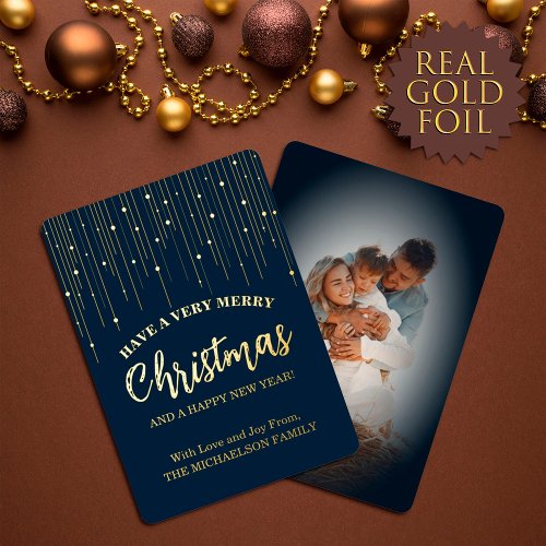 Simple Real Gold Midnight Blue Abstract Christmas  Foil Holiday Card