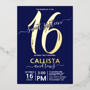 Simple Real Gold Navy Blue Sweet 16 Birthday Foil Invitation