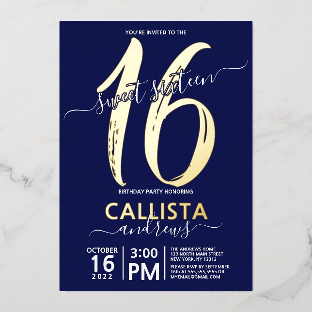 Simple Real Gold Navy Blue Sweet 16 Birthday Foil Invitation (Front)