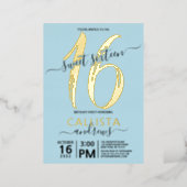 Simple Real Gold Pastel Blue Sweet 16 Birthday Foil Invitation (Standing Front)