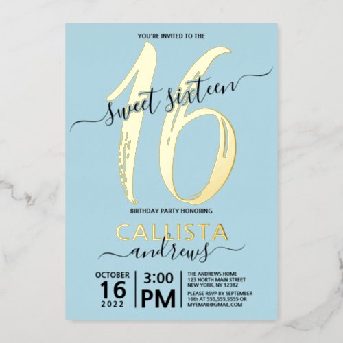 Simple Real Gold Pastel Blue Sweet 16 Birthday Foil Invitation