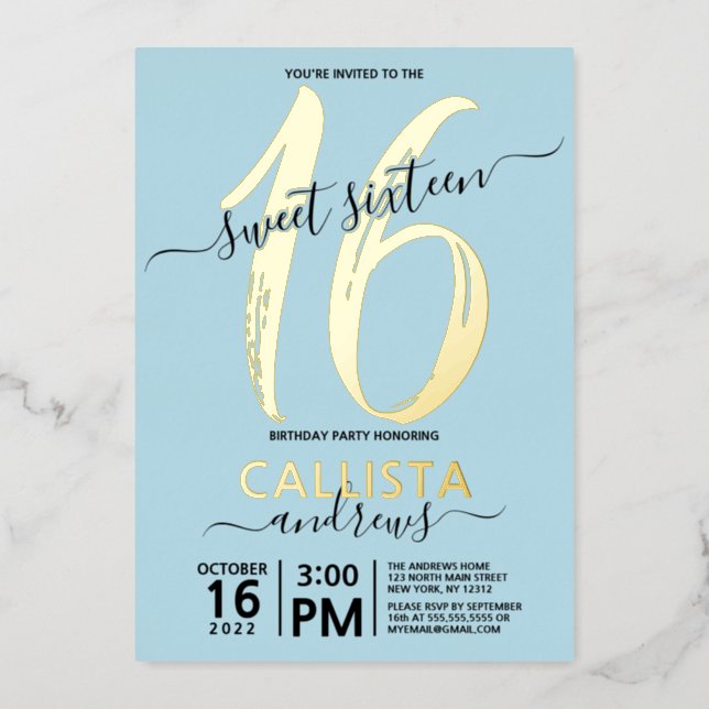 Simple Real Gold Pastel Blue Sweet 16 Birthday Foil Invitation (Front)