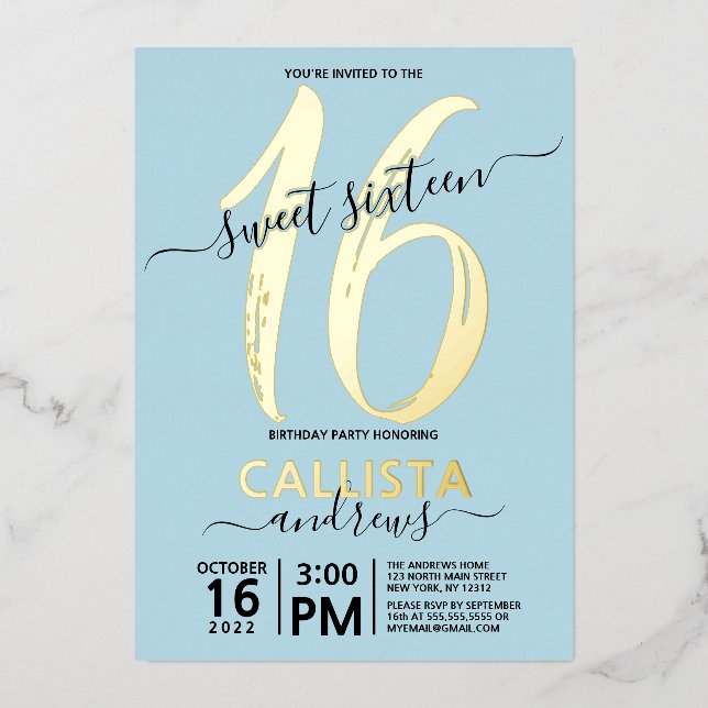 Simple Real Gold Pastel Blue Sweet 16 Birthday Foil Invitation (Front)