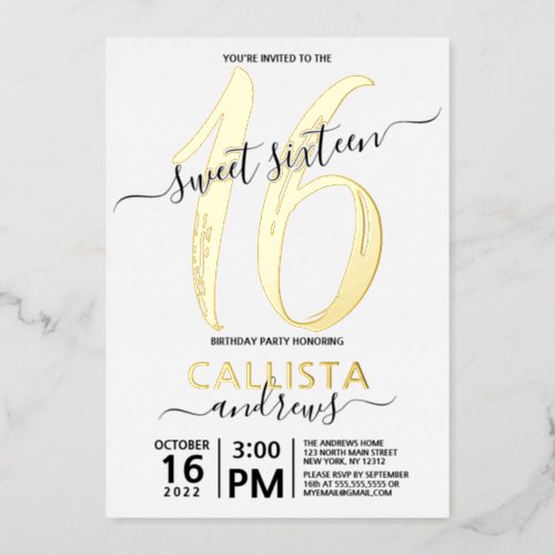 Simple Real Gold White Sweet 16 Birthday Foil Invitation