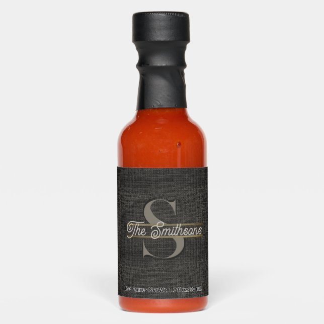  Simple Realistic Burlap Rustic Gold Charcoal Grey Hot Sauces (Front)