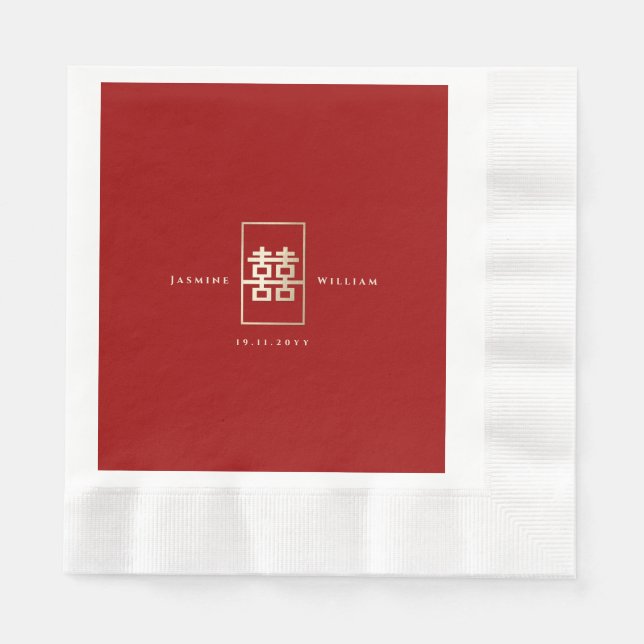Simple Rectangle Double Happiness Chinese Wedding Napkins (Front)