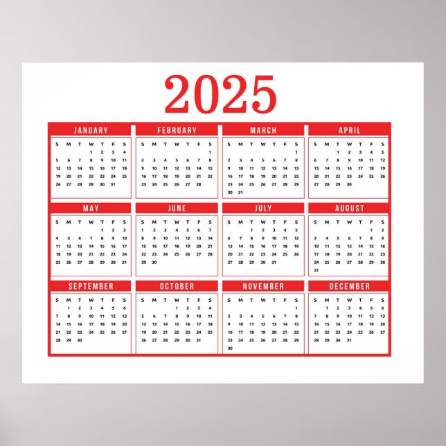 Simple Red 2025 Calendar Poster (Front)