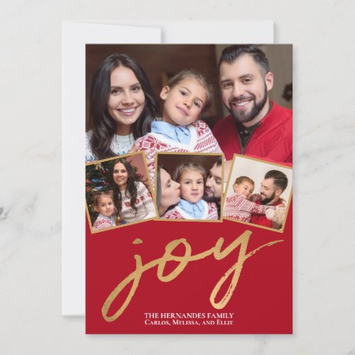 Simple Red and Gold Joy Photo Script  Holiday Card