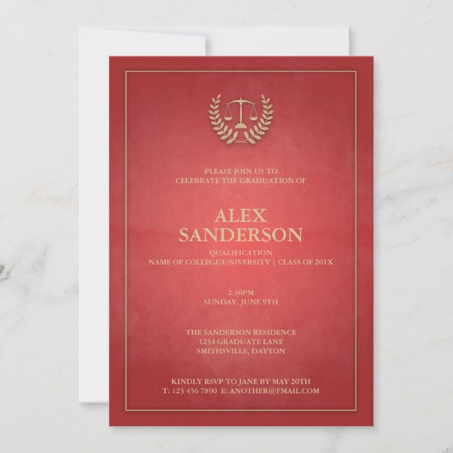 Simple Red and Gold Law School Graduation Invitation (Front)