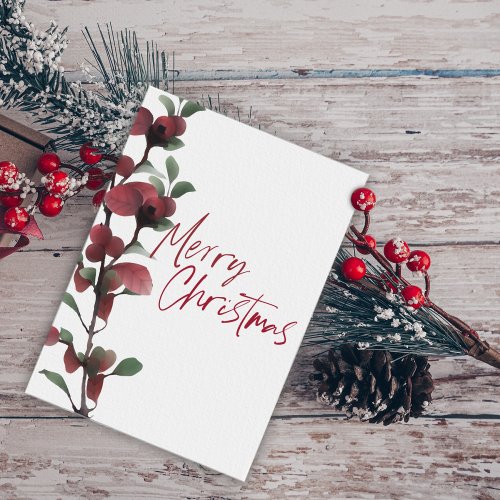 Simple Red and Green Holly Berry Branch Watercolor Holiday Card