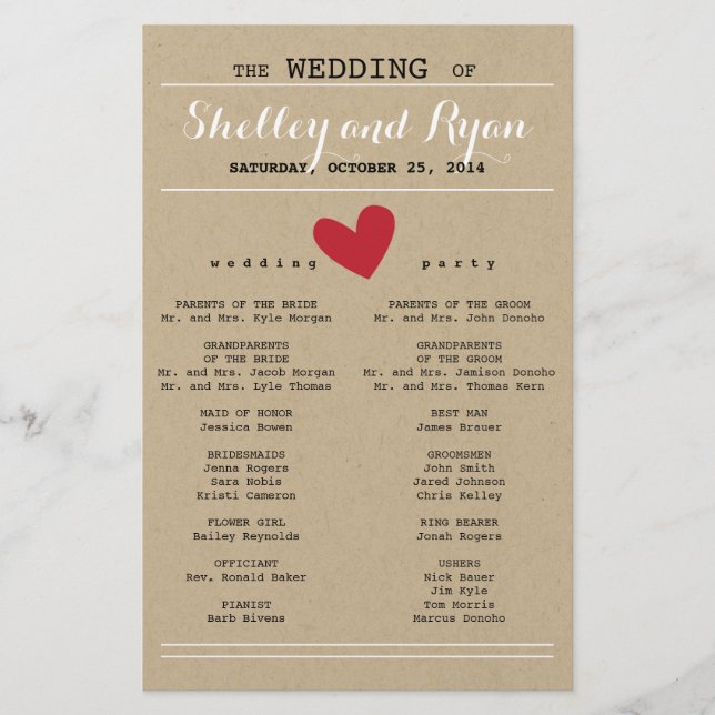 Simple Red and Kraft Heart Wedding Program (Front)