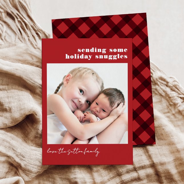 Simple Red and Plaid Sending Some Snuggles Holiday Card (Creator Uploaded)