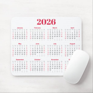 Simple red and White 2026 Calendar Mouse Pad