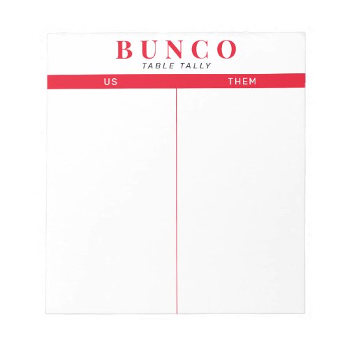 Simple Red and White Bunco Table Tally Notepad